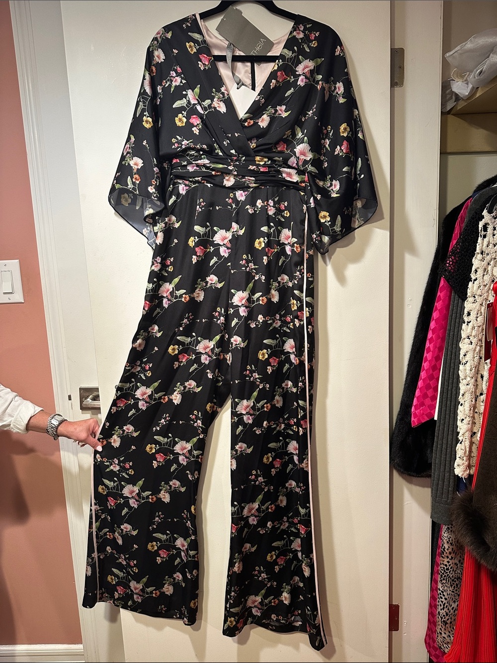 Theia Black Floral Wrap Jumpsuit with Pink & Yellow Blossoms